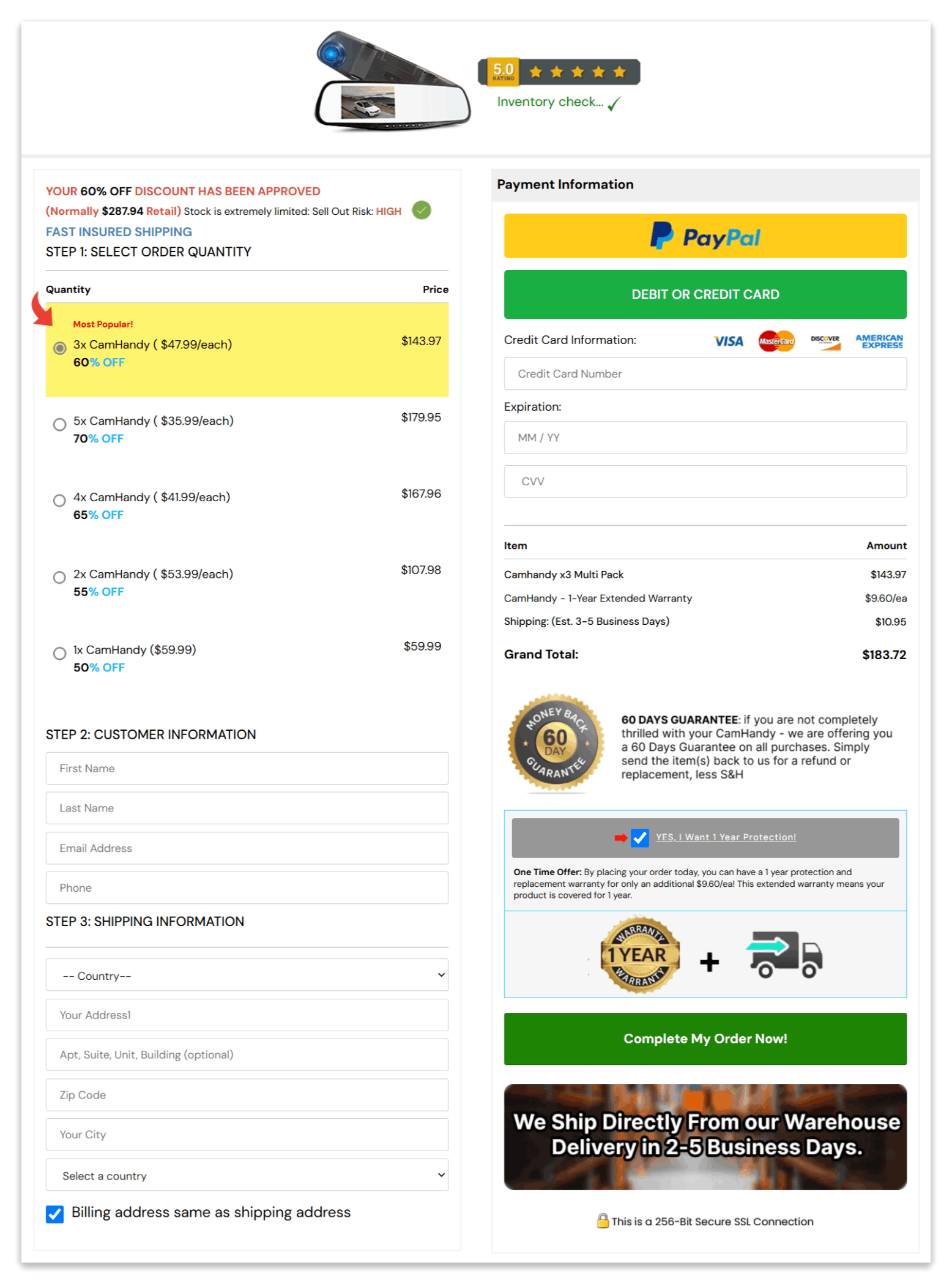 Camhandy secure checkout page